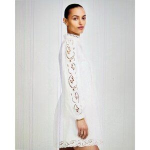 Madewell Pintucked Eyelet Long Sleeve Mini Dress w/Slip White Size M #NU568